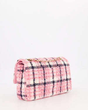 Chanel White, Pink & Black Multicolour Tweed Medium Classic Double Flap Bag with Champagne Gold Hardware