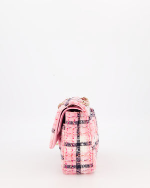 Chanel White, Pink & Black Multicolour Tweed Medium Classic Double Flap Bag with Champagne Gold Hardware