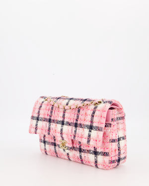Chanel White, Pink & Black Multicolour Tweed Medium Classic Double Flap Bag with Champagne Gold Hardware