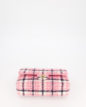 Chanel White, Pink & Black Multicolour Tweed Medium Classic Double Flap Bag with Champagne Gold Hardware