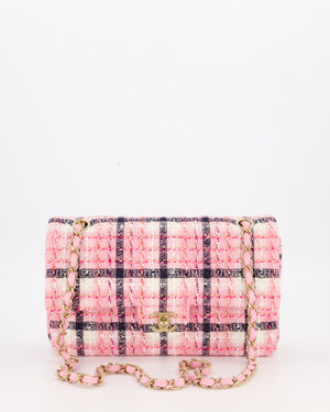 Chanel White, Pink & Black Multicolour Tweed Medium Classic Double Flap Bag with Champagne Gold Hardware