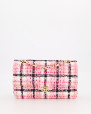 Chanel White, Pink & Black Multicolour Tweed Medium Classic Double Flap Bag with Champagne Gold Hardware