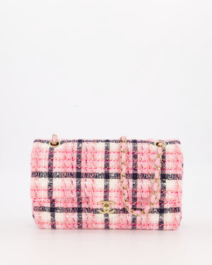 Chanel White, Pink & Black Multicolour Tweed Medium Classic Double Flap Bag with Champagne Gold Hardware