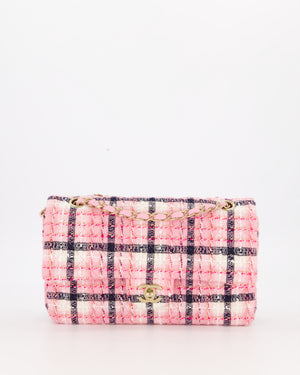 Chanel White, Pink & Black Multicolour Tweed Medium Classic Double Flap Bag with Champagne Gold Hardware