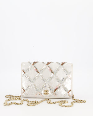 Chanel Silver Cruise Wallet on Chain Bag in Lambskin Leather with Sequin Embroidered and Champagne Gold Hardware