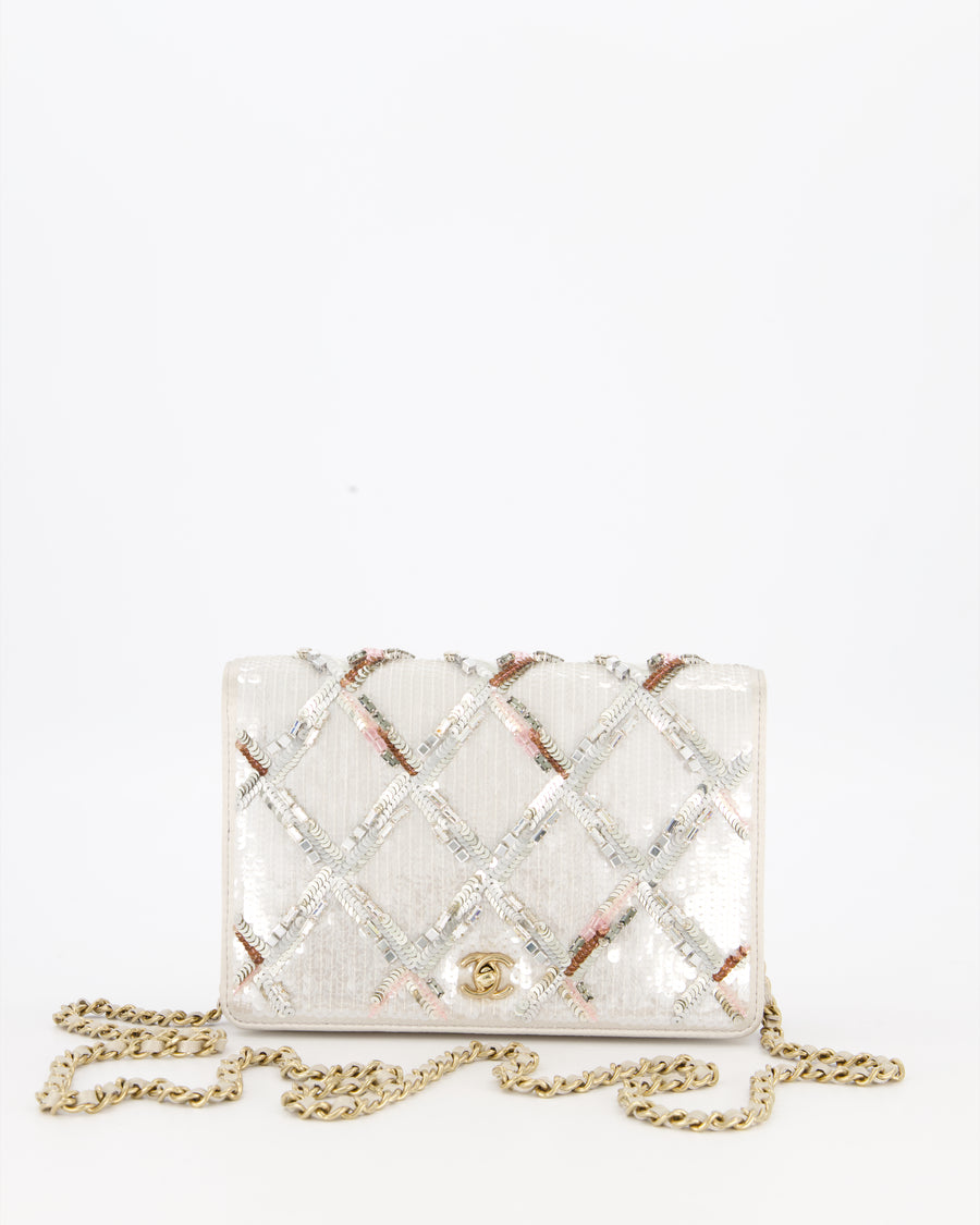 Chanel Silver Cruise Wallet on Chain Bag in Lambskin Leather with Sequin Embroidered and Champagne Gold Hardware
