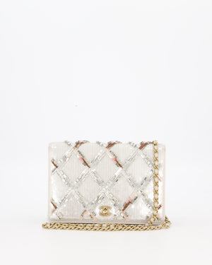 Chanel Silver Cruise Wallet on Chain Bag in Lambskin Leather with Sequin Embroidered and Champagne Gold Hardware
