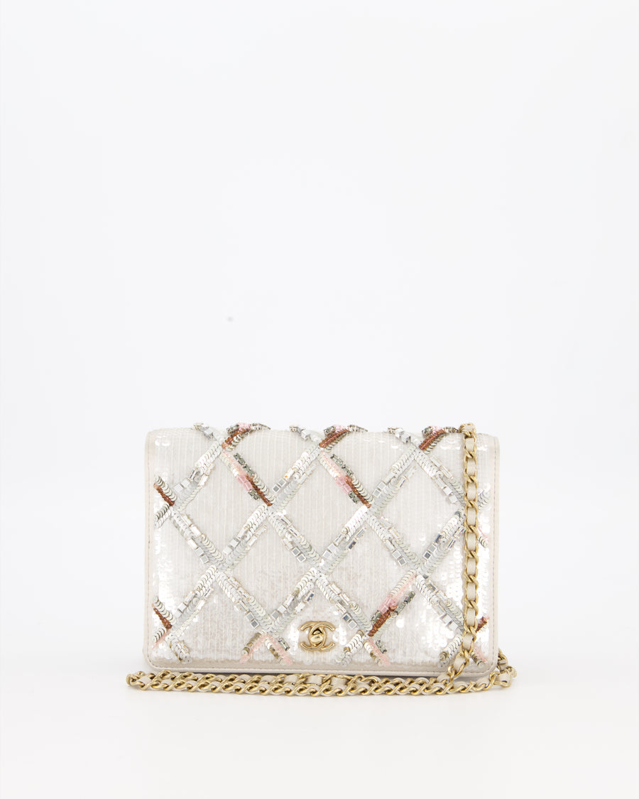 Chanel Silver Cruise Wallet on Chain Bag in Lambskin Leather with Sequin Embroidered and Champagne Gold Hardware