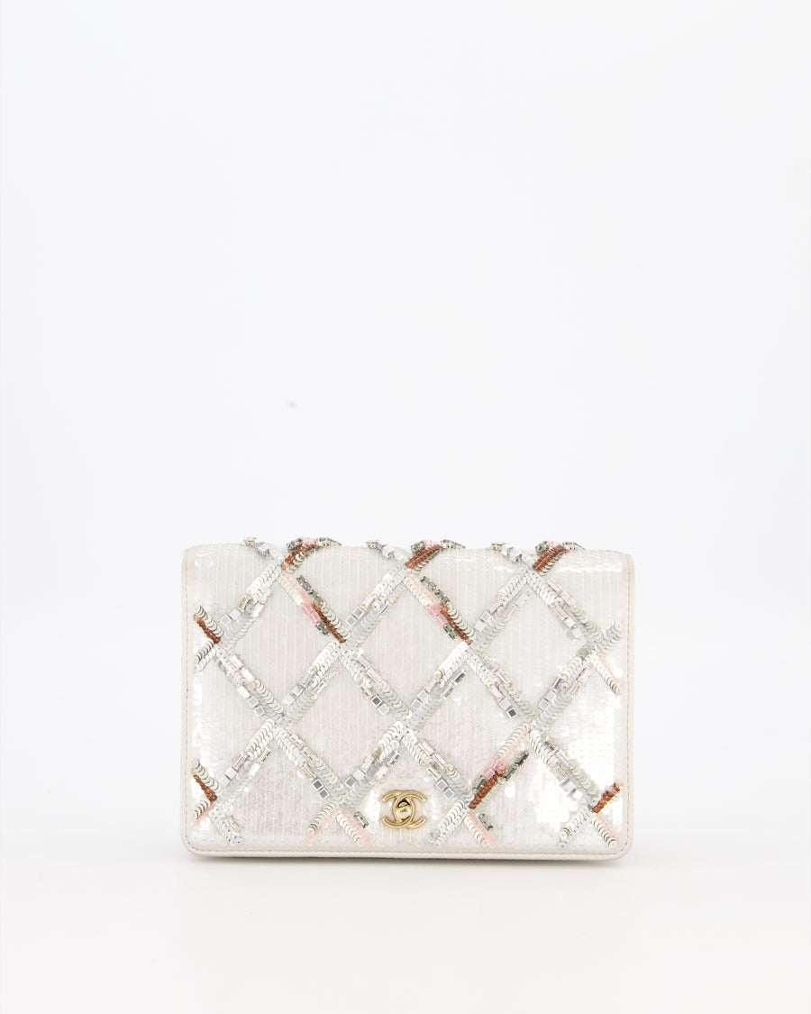 Chanel Silver Cruise Wallet on Chain Bag in Lambskin Leather with Sequin Embroidered and Champagne Gold Hardware