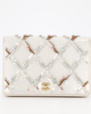 Chanel Silver Cruise Wallet on Chain Bag in Lambskin Leather with Sequin Embroidered and Champagne Gold Hardware