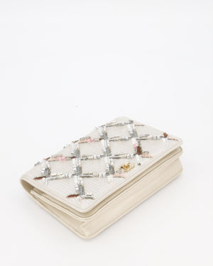 Chanel Silver Cruise Wallet on Chain Bag in Lambskin Leather with Sequin Embroidered and Champagne Gold Hardware