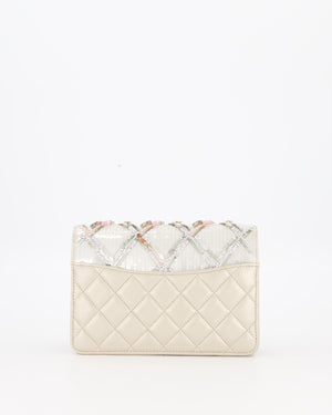 Chanel Silver Cruise Wallet on Chain Bag in Lambskin Leather with Sequin Embroidered and Champagne Gold Hardware