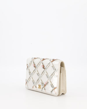 Chanel Silver Cruise Wallet on Chain Bag in Lambskin Leather with Sequin Embroidered and Champagne Gold Hardware