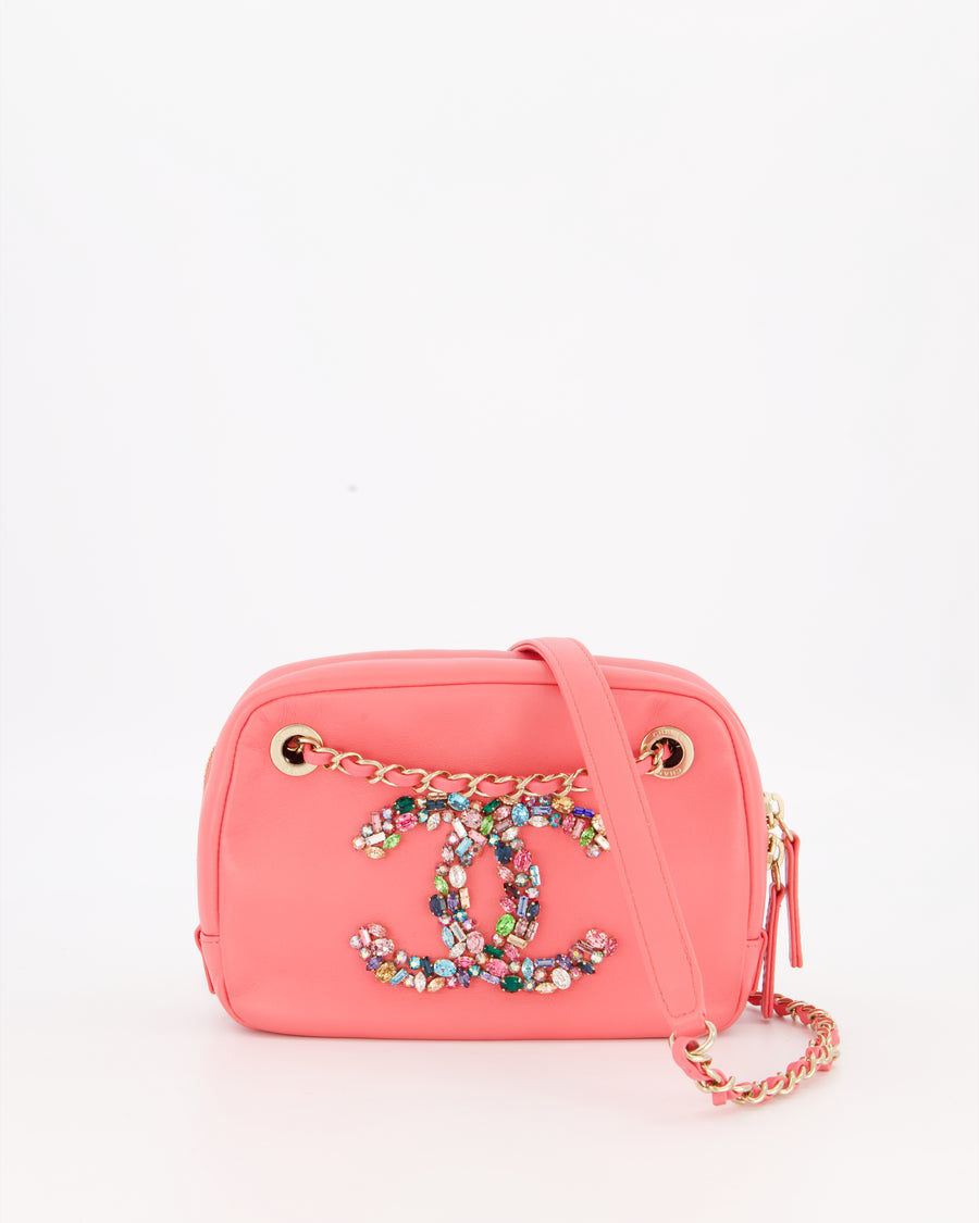 Chanel Coral Pink Small Camera Bag in Lambskin Leather with Multicolour Crystal CC Logo & Champagne Gold Hardware