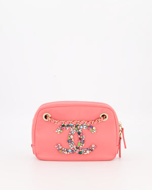 Chanel Coral Pink Small Camera Bag in Lambskin Leather with Multicolour Crystal CC Logo & Champagne Gold Hardware