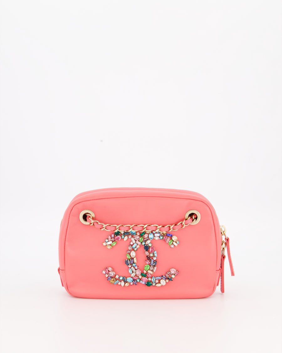 Chanel Coral Pink Small Camera Bag in Lambskin Leather with Multicolour Crystal CC Logo & Champagne Gold Hardware