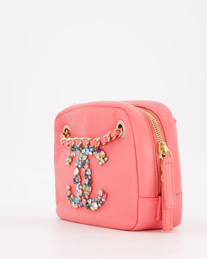 Chanel Coral Pink Small Camera Bag in Lambskin Leather with Multicolour Crystal CC Logo & Champagne Gold Hardware