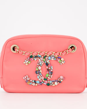 Chanel Coral Pink Small Camera Bag in Lambskin Leather with Multicolour Crystal CC Logo & Champagne Gold Hardware