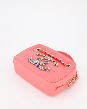 Chanel Coral Pink Small Camera Bag in Lambskin Leather with Multicolour Crystal CC Logo & Champagne Gold Hardware