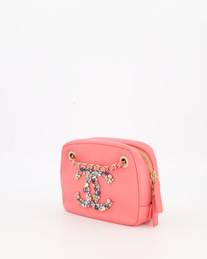 Chanel Coral Pink Small Camera Bag in Lambskin Leather with Multicolour Crystal CC Logo & Champagne Gold Hardware