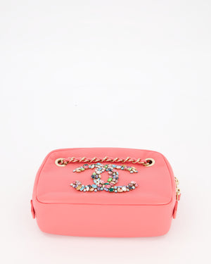 Chanel Coral Pink Small Camera Bag in Lambskin Leather with Multicolour Crystal CC Logo & Champagne Gold Hardware