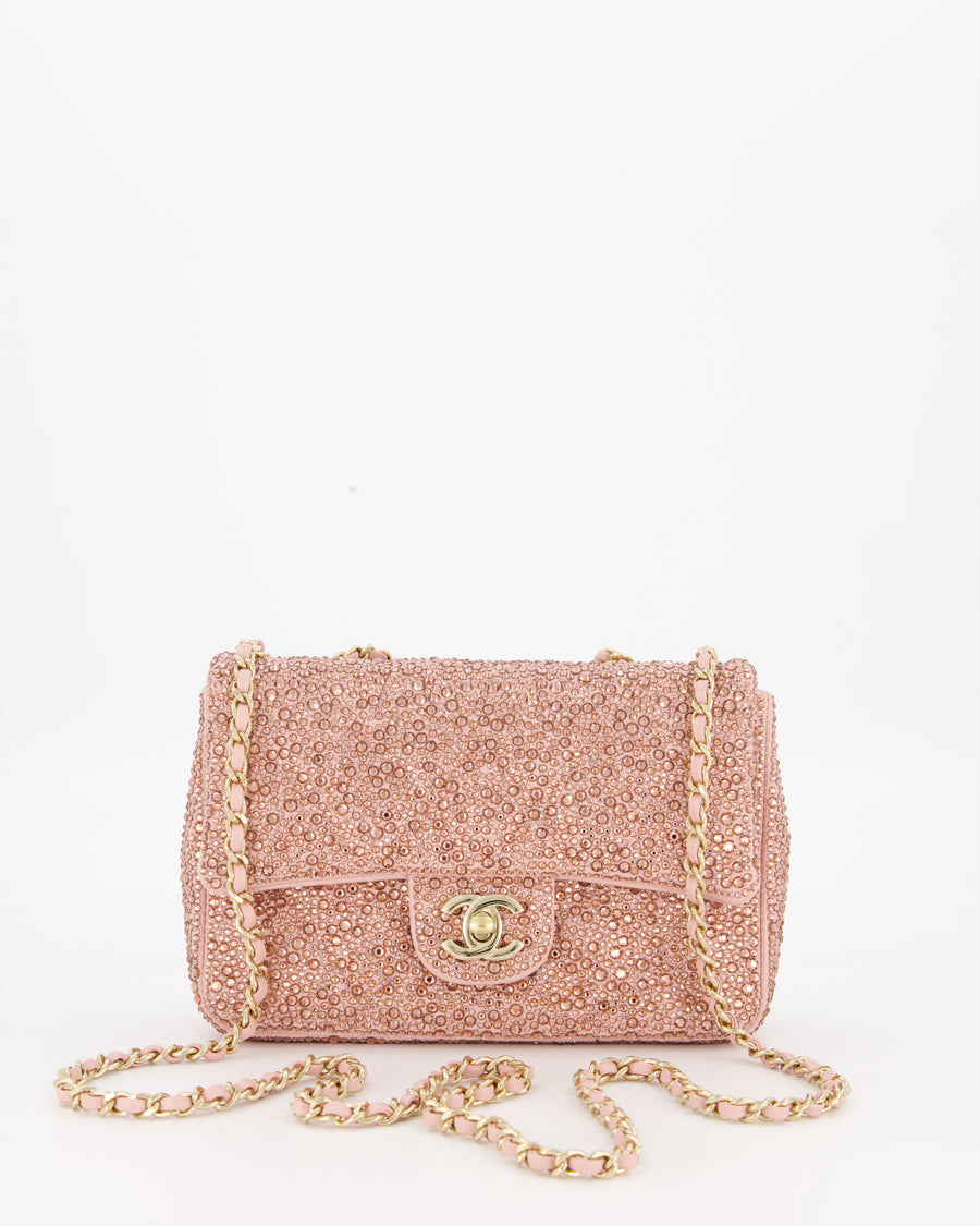 *HOT* Chanel Light Pink Diamante Small Flap Bag with Crystal Embellishments & Champagne Gold Hardware