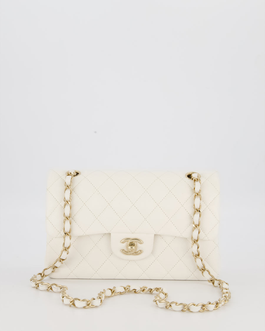 Chanel Small Classic Double Flap Bag in White Caviar Leather with Champagne Gold Hardware