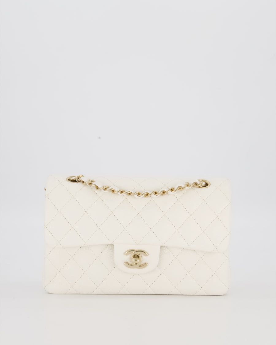 Chanel Small Classic Double Flap Bag in White Caviar Leather with Champagne Gold Hardware