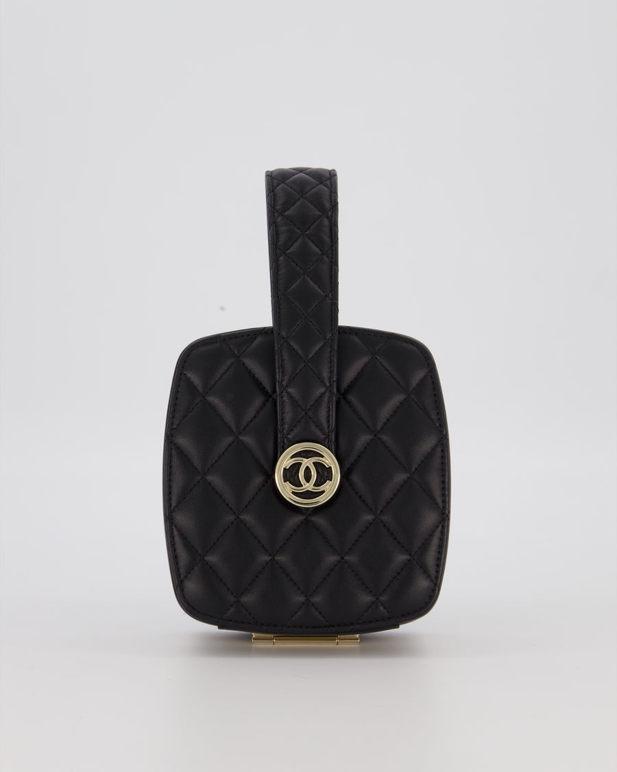Chanel 22P Makeup Top Handle Clutch Bag in Black Lambskin with Champagne Gold Hardware and CC Logo Detail
