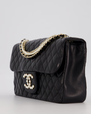 Chanel Black Medium Westminster Pearl Coco Single Flap Bag in Aged Lambskin Leather with Champagne Gold &amp; Pearl Chain and CC Lock Details