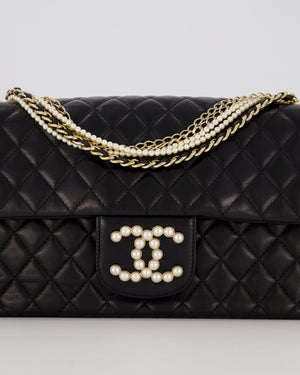Chanel Black Medium Westminster Pearl Coco Single Flap Bag in Aged Lambskin Leather with Champagne Gold &amp; Pearl Chain and CC Lock Details