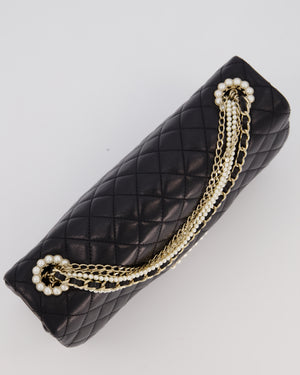 Chanel Black Medium Westminster Pearl Coco Single Flap Bag in Aged Lambskin Leather with Champagne Gold &amp; Pearl Chain and CC Lock Details