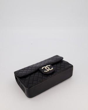 Chanel Black Medium Westminster Pearl Coco Single Flap Bag in Aged Lambskin Leather with Champagne Gold &amp; Pearl Chain and CC Lock Details