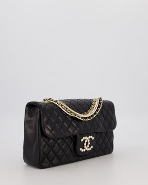 Chanel Black Medium Westminster Pearl Coco Single Flap Bag in Aged Lambskin Leather with Champagne Gold &amp; Pearl Chain and CC Lock Details