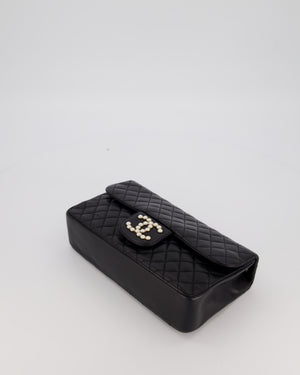 Chanel Black Medium Westminster Pearl Coco Single Flap Bag in Aged Lambskin Leather with Champagne Gold &amp; Pearl Chain and CC Lock Details