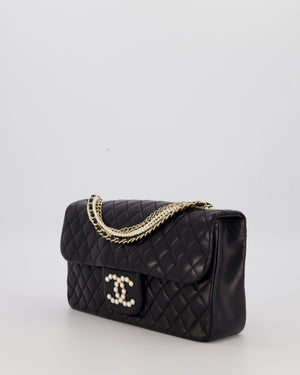 Chanel Black Medium Westminster Pearl Coco Single Flap Bag in Aged Lambskin Leather with Champagne Gold &amp; Pearl Chain and CC Lock Details