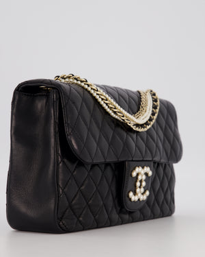 Chanel Black Medium Westminster Pearl Coco Single Flap Bag in Aged Lambskin Leather with Champagne Gold &amp; Pearl Chain and CC Lock Details