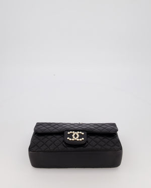 Chanel Black Medium Westminster Pearl Coco Single Flap Bag in Aged Lambskin Leather with Champagne Gold &amp; Pearl Chain and CC Lock Details