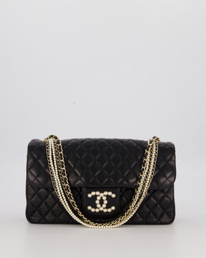 Chanel Black Medium Westminster Pearl Coco Single Flap Bag in Aged Lambskin Leather with Champagne Gold &amp; Pearl Chain and CC Lock Details