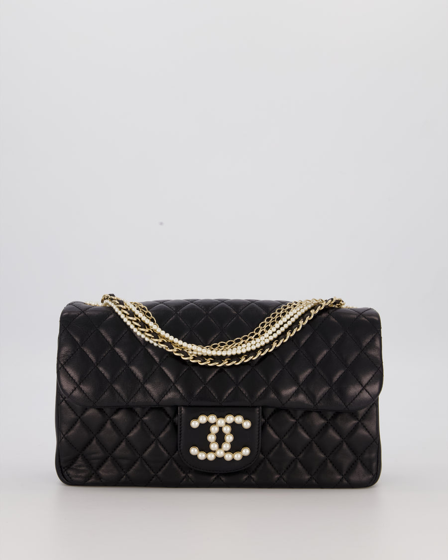 Chanel Black Medium Westminster Pearl Coco Single Flap Bag in Aged Lambskin Leather with Champagne Gold &amp; Pearl Chain and CC Lock Details