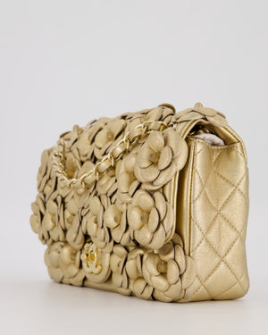 Chanel Camelia Flap Bag in Metallic Gold Lambskin Leather with Champagne Gold Hardware & Embellishment Details