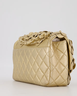 Chanel Camelia Flap Bag in Metallic Gold Lambskin Leather with Champagne Gold Hardware & Embellishment Details