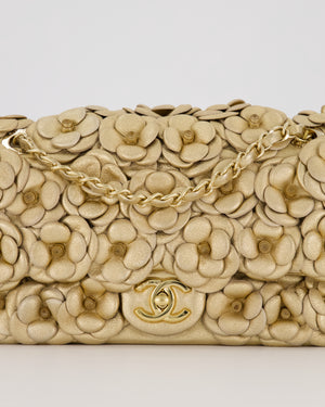 Chanel Camelia Flap Bag in Metallic Gold Lambskin Leather with Champagne Gold Hardware & Embellishment Details