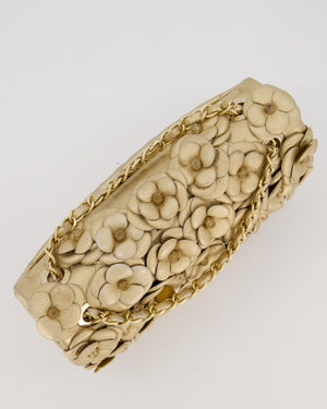Chanel Camelia Flap Bag in Metallic Gold Lambskin Leather with Champagne Gold Hardware & Embellishment Details