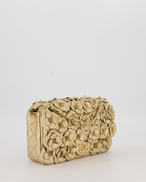 Chanel Camelia Flap Bag in Metallic Gold Lambskin Leather with Champagne Gold Hardware & Embellishment Details