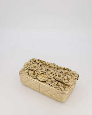 Chanel Camelia Flap Bag in Metallic Gold Lambskin Leather with Champagne Gold Hardware & Embellishment Details