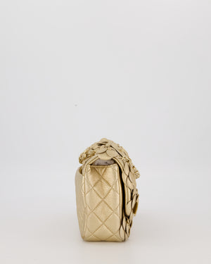 Chanel Camelia Flap Bag in Metallic Gold Lambskin Leather with Champagne Gold Hardware & Embellishment Details