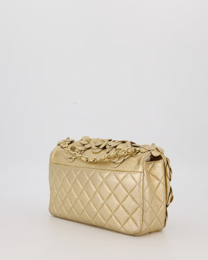 Chanel Camelia Flap Bag in Metallic Gold Lambskin Leather with Champagne Gold Hardware & Embellishment Details