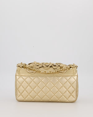Chanel Camelia Flap Bag in Metallic Gold Lambskin Leather with Champagne Gold Hardware & Embellishment Details
