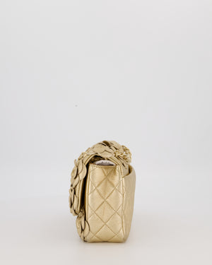 Chanel Camelia Flap Bag in Metallic Gold Lambskin Leather with Champagne Gold Hardware & Embellishment Details